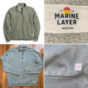 Marine Layer $110 Ford Quarter Zip Sweatshirt Olive Green MED EUC